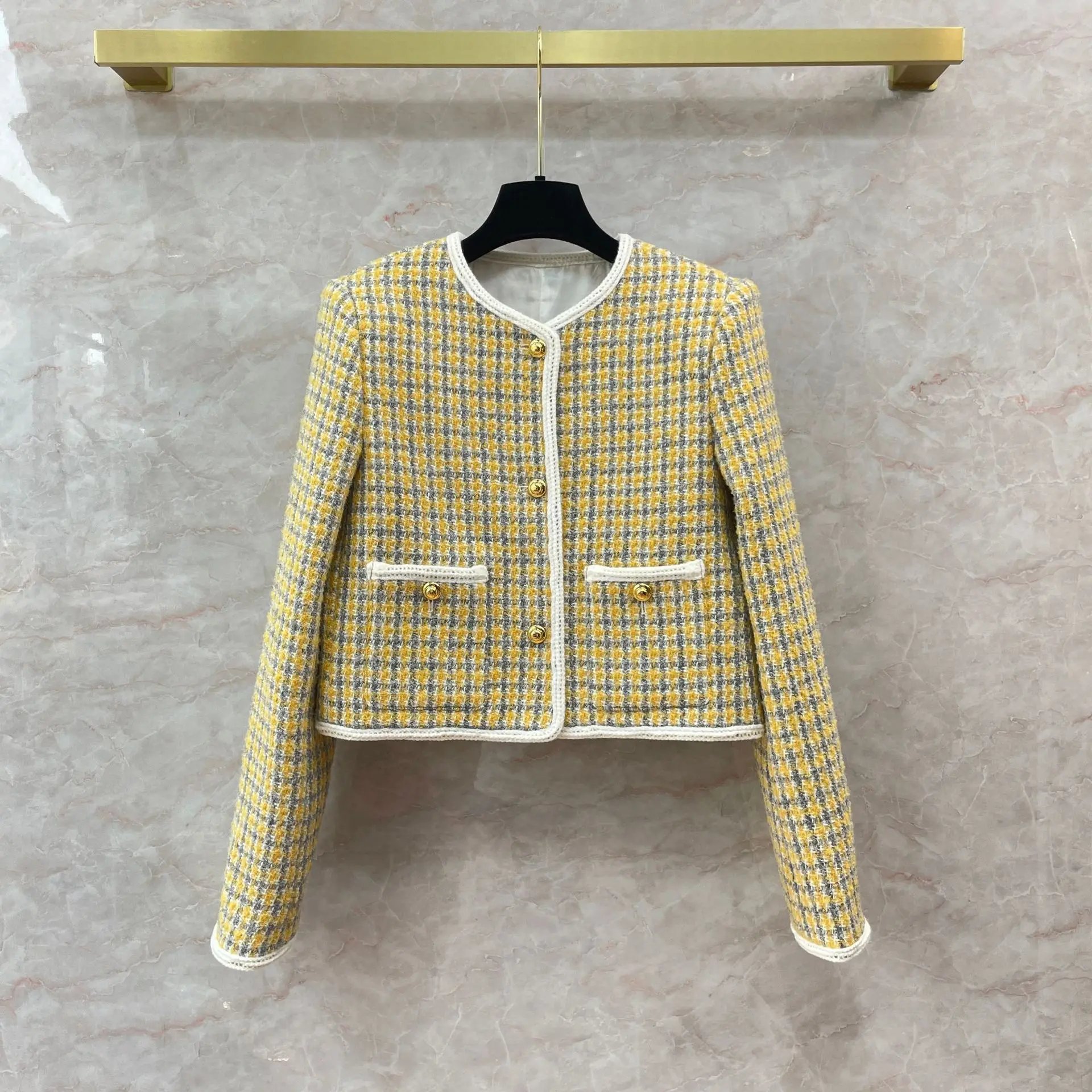 

2023 Autumn Brand New Designer Women High Quality Elegant Wool-blend Yellow Plaid O-neck Tweed Jackets Short Coat F184