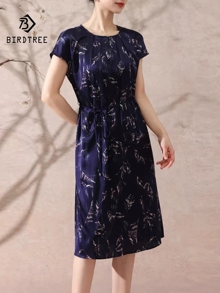 

Элегантное женское платье BirdTree из 89,9% шелка и 10,1% спандекса, с коротким рукавом и принтом, свободное атласное платье в стиле ретро для мам, новинка весны 2026, D63466CC