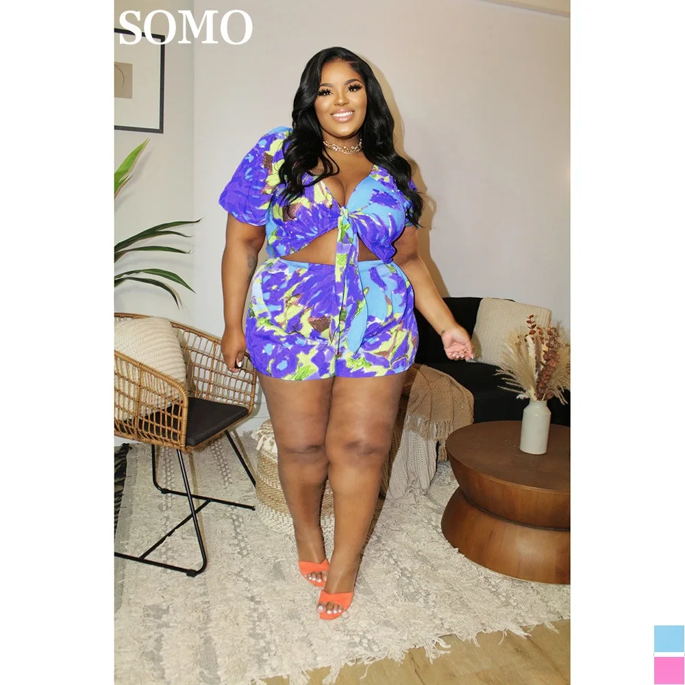 SOMO 4xl Summer Sexy Lace Up Plus Size Clothing Fashion Printed Shorts Two Piece Set Women Outfit 2023 Wholesale Dropshipping