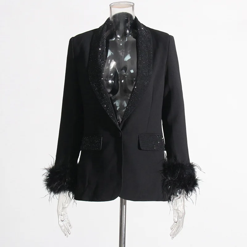 HKSH Spring Autumn New Women Blazer Turn-down Collar Studded Diamonds Single Button Cuff Spliced Feather Luxury Ins Coat HK16316