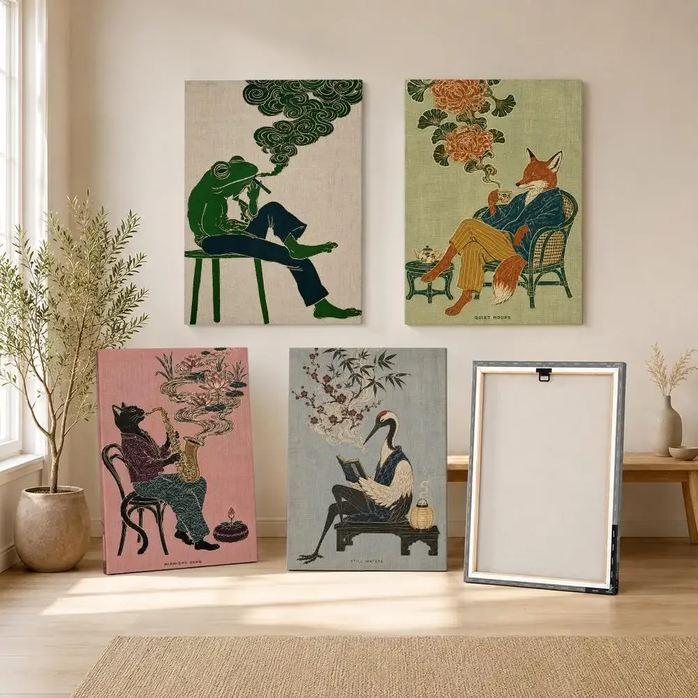 Multiple sizes 1pc frameless Canvas Painting,Surreal Frog Vintage Smoking Frog Framed Painting Ready to Hang Framed Canvas Set o