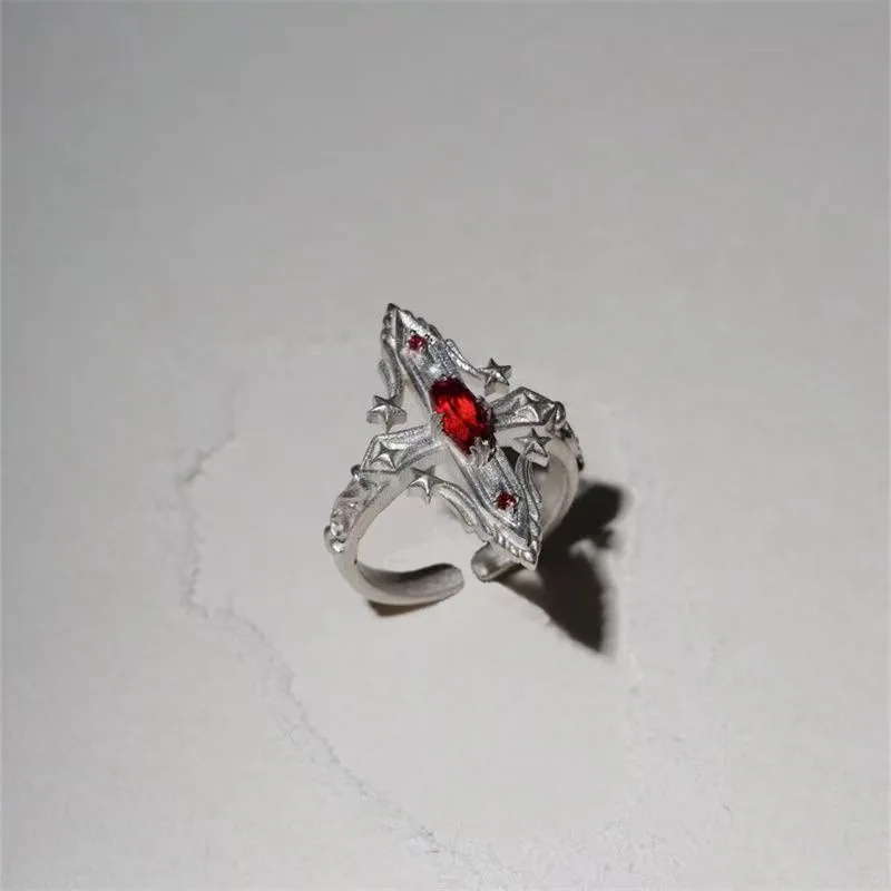 Minimalist Geometric Star Cross Adjustable Index Finger Ring Inlaid Rhinestone Simulated Ruby Women Jewelry