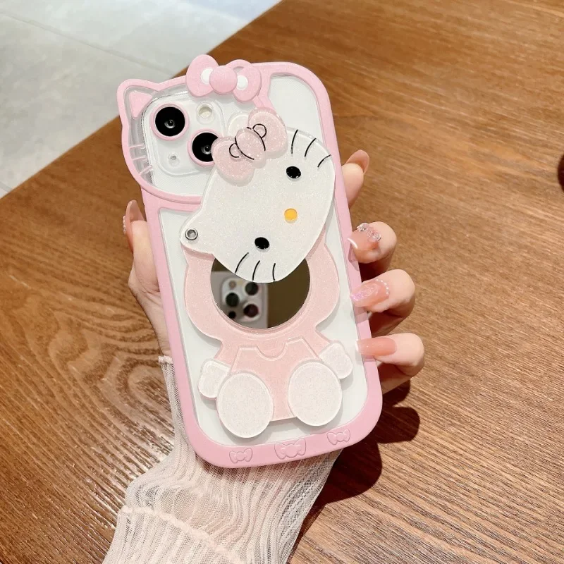 Sanrio Hello Kitty Shockproof Case For iPhone 14 13 11 12 Pro Max XS XR 7 8 Plus With Cosmetic Mirror Cartoon Transparent Cover