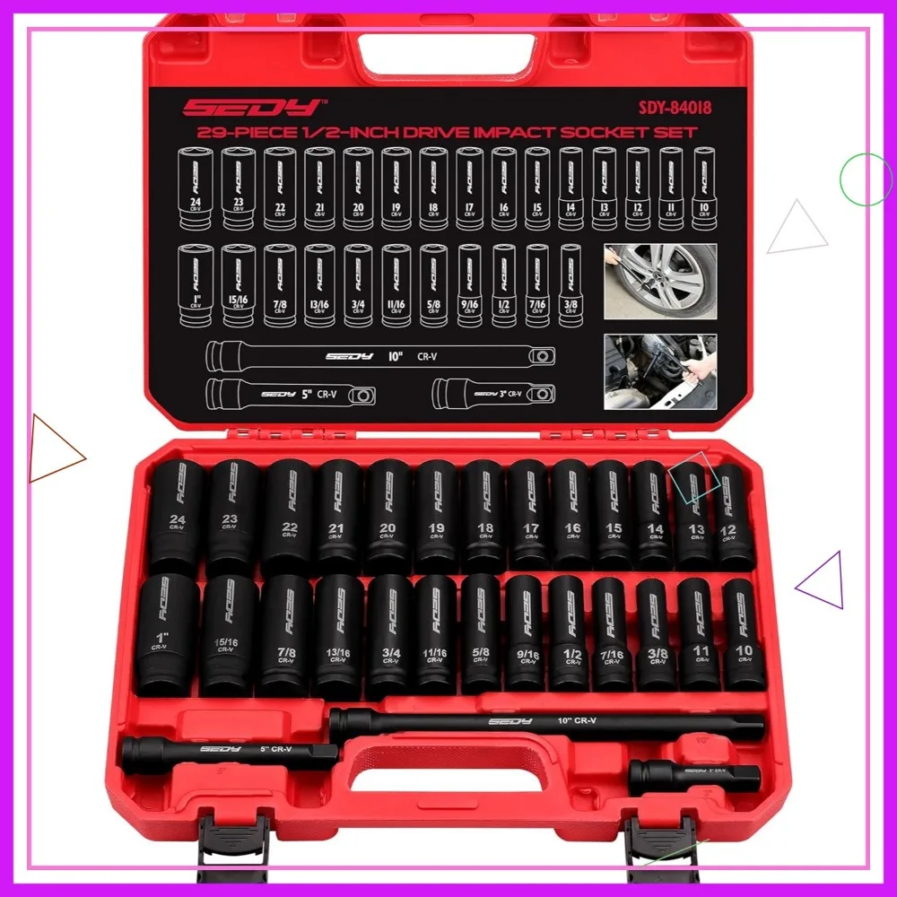 

29-Piece 1/2" Drive Impact Socket Set with SAE and Metric Sizes, CR-V Material for High Durability