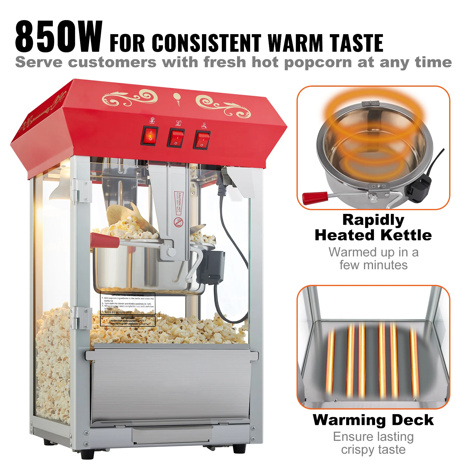 SucceBuy 8 12Oz Popcorn MakerPopcorn Popper Machine Bouilloire fait comptoir Popcorn Maker avec verre trempé