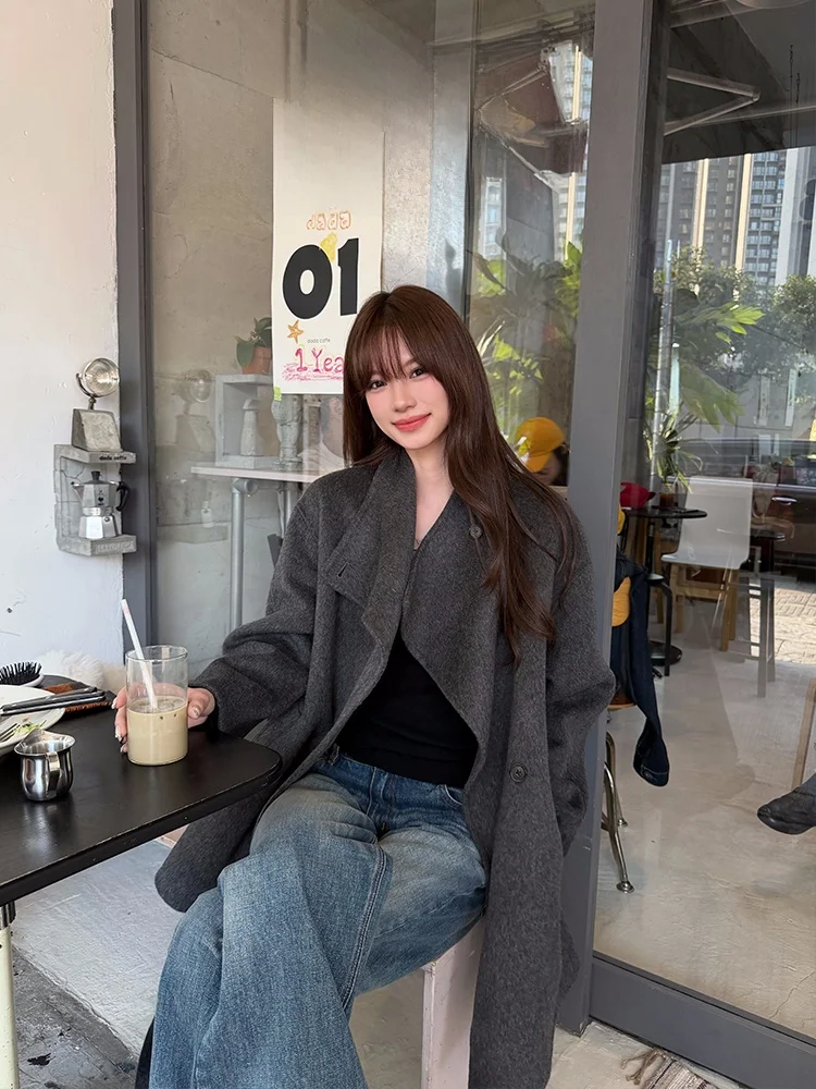 

Double-Faced Woolen Casual Sle Women's Coat Long Sve Double Breasted No-Cap Youth Faion Autumn Winter Warm Coat