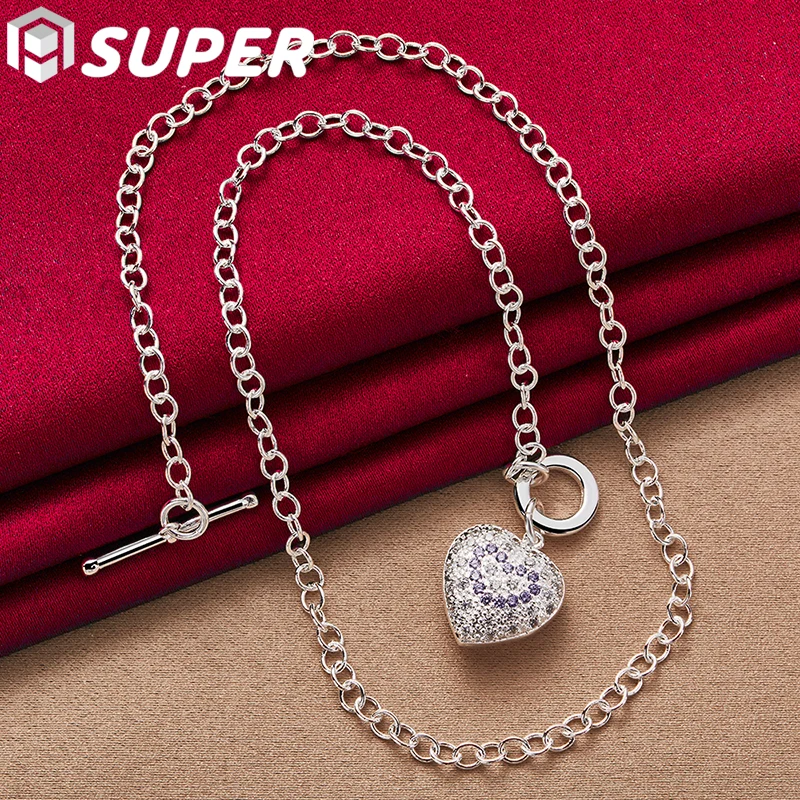 

925 Sterling Silver White/Purple AAA Zircon Heart Pendant Necklace TO Chain For Women Fashion Wedding Charm Jewelry