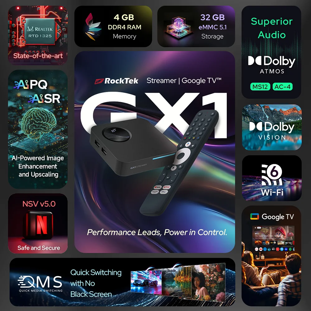 RockTek GX1 UHD Google Android TV Box Netflix Google معتمد 4GB 32G Realtek1325 يدعم Dolby Atmos Vision 2T2R Wifi6 BT5.2