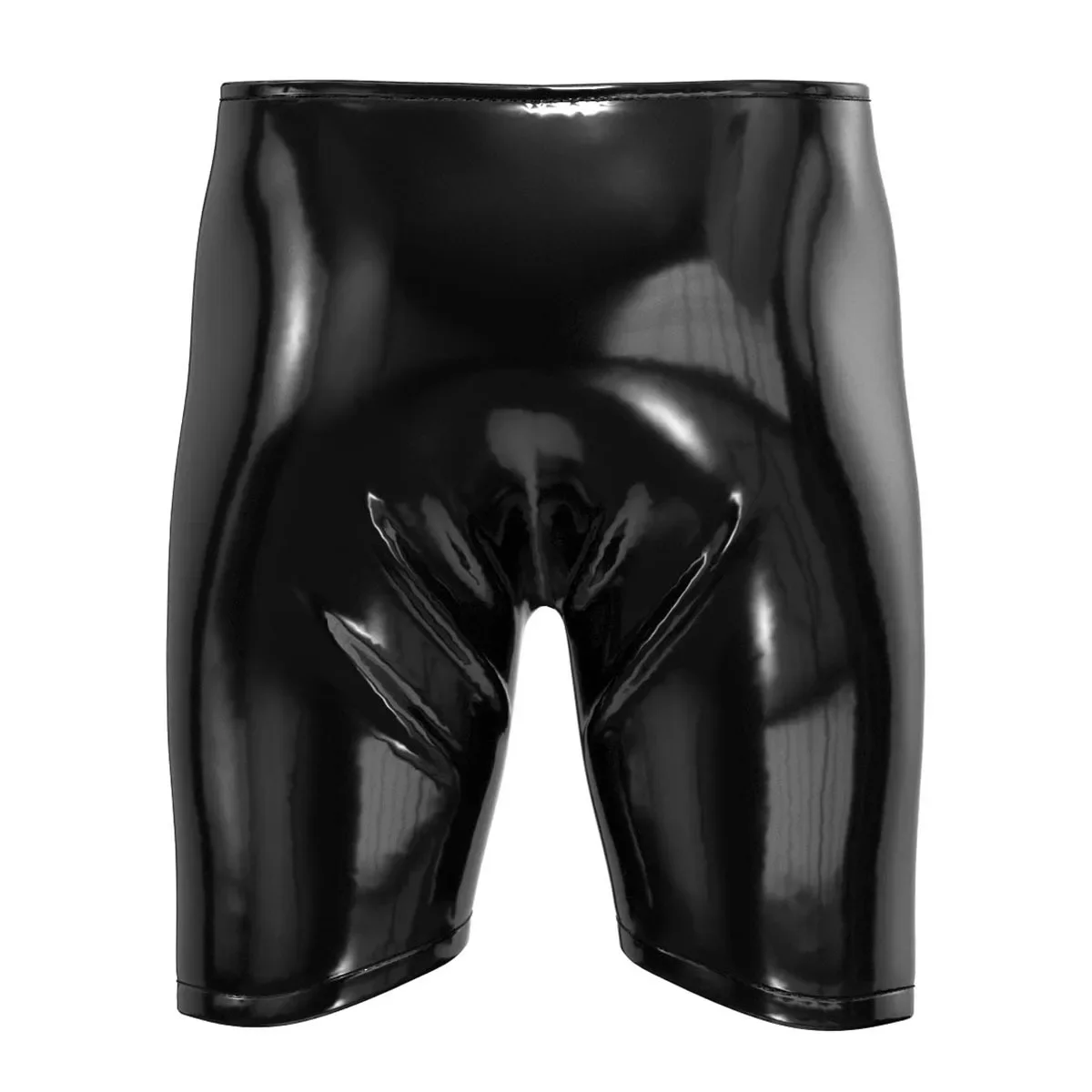 Men Front Open Hole Underwear Glossy Wet Look PU Leather Boxer Briefs Shorts Wet Look Sexy Male Lingerie Tight Black/Red Trunks