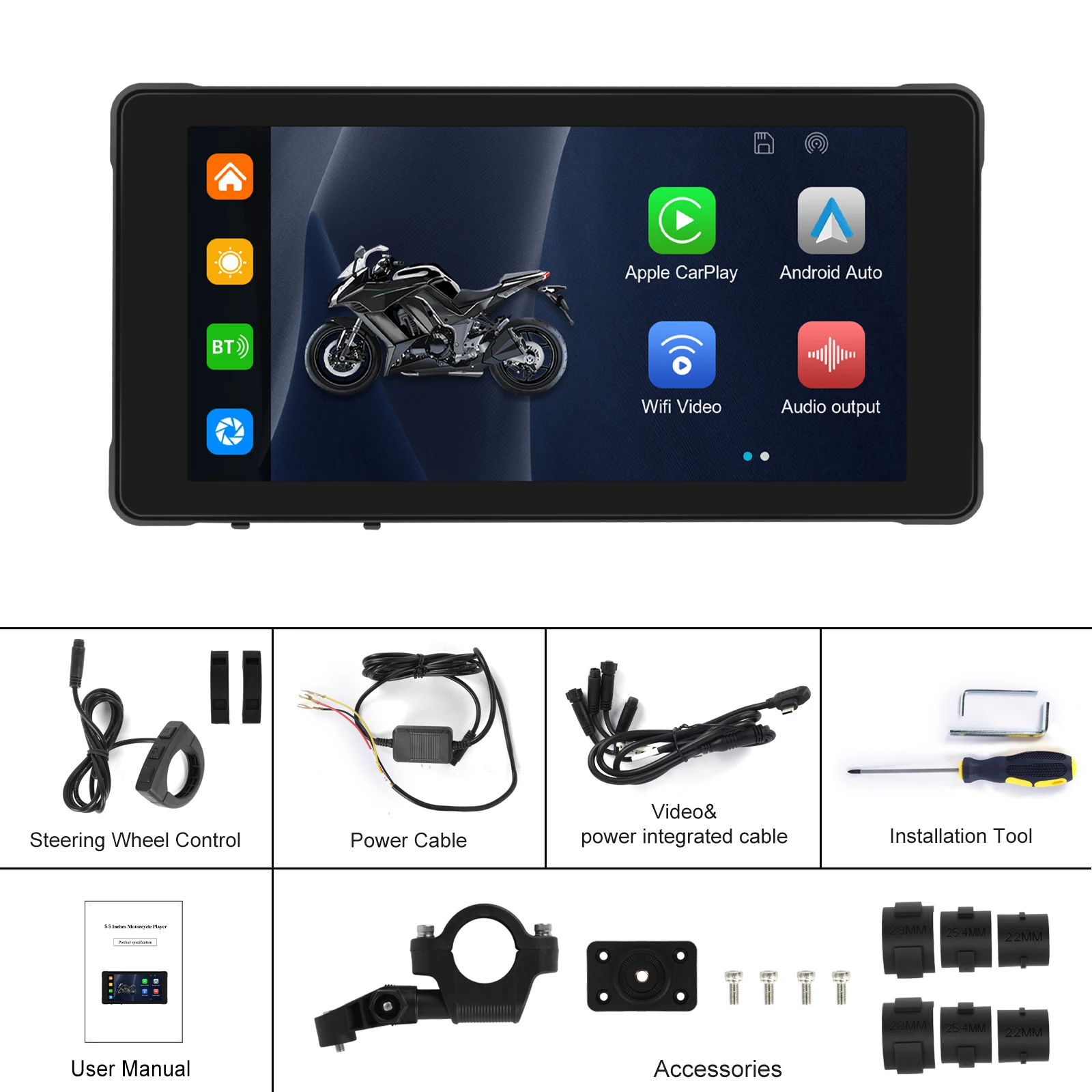 Podofo 5.5'' Motorcycle Portable IP67 Waterproof Wireless Carplay Android Auto Car Monitor Bluetooth WIFI DVR Drive Recorder images - 6