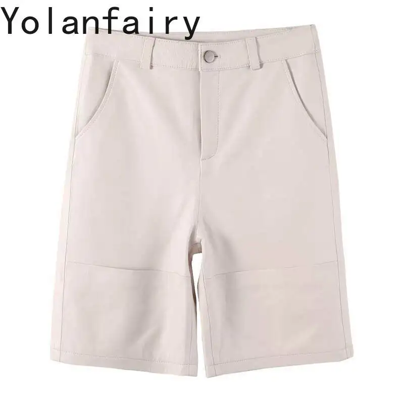 

YOLANFAIRY Women Five Points Pants 2026 New Autumn White Genuine Sheepskin Leather Pants High Waist Straight Leg Casual Trousers