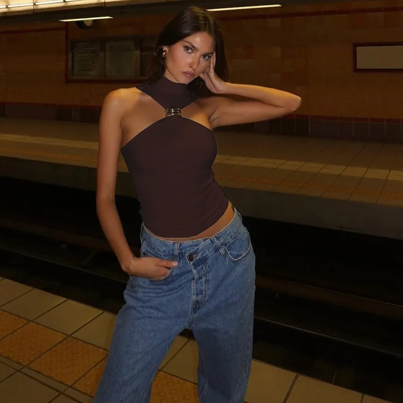 Lady Sexi Metal Ring Crop Tops Shirts Tees Women Summer Hollow Out Trendy Design Ins Chic Tops Camis Tanks Night Club Nightwear