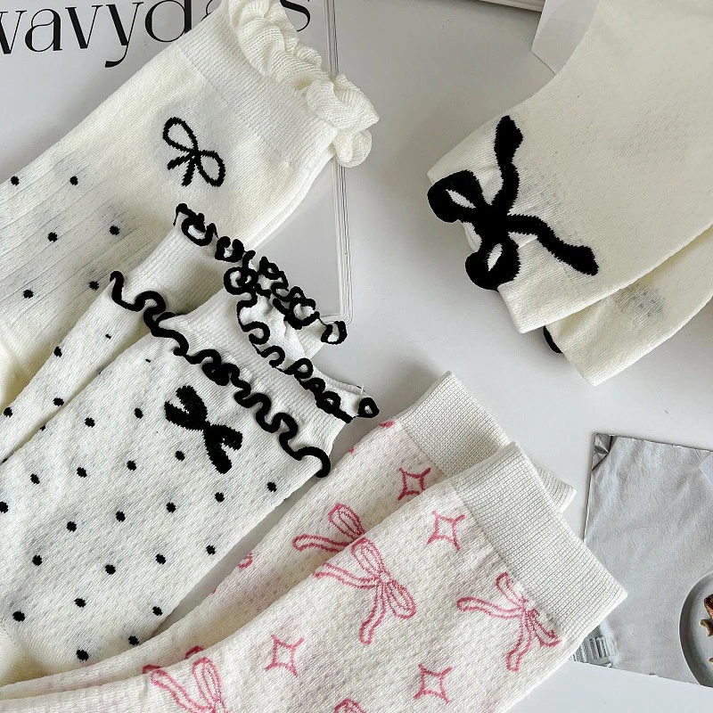 Black Polka Dot Socks Summer Thin Hollow Out Heart Breathable Long Socks Cute Sweet Girls Ruffle Socks