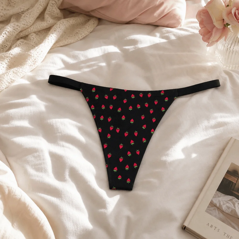 Elegantes tangas sin costuras para mujer, de cintura baja, con diseño de labios, T-back, ropa interior con estampado de fresas y corazones para chicas.