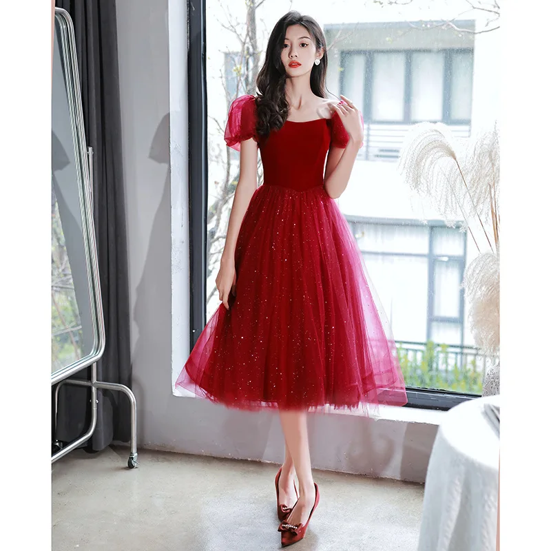 Wine Red Off the Shoulder Evening Dress Luxury Velvet Puff Sleeves Princess Dresses Tulle Sequins A-Line Engagement Gown