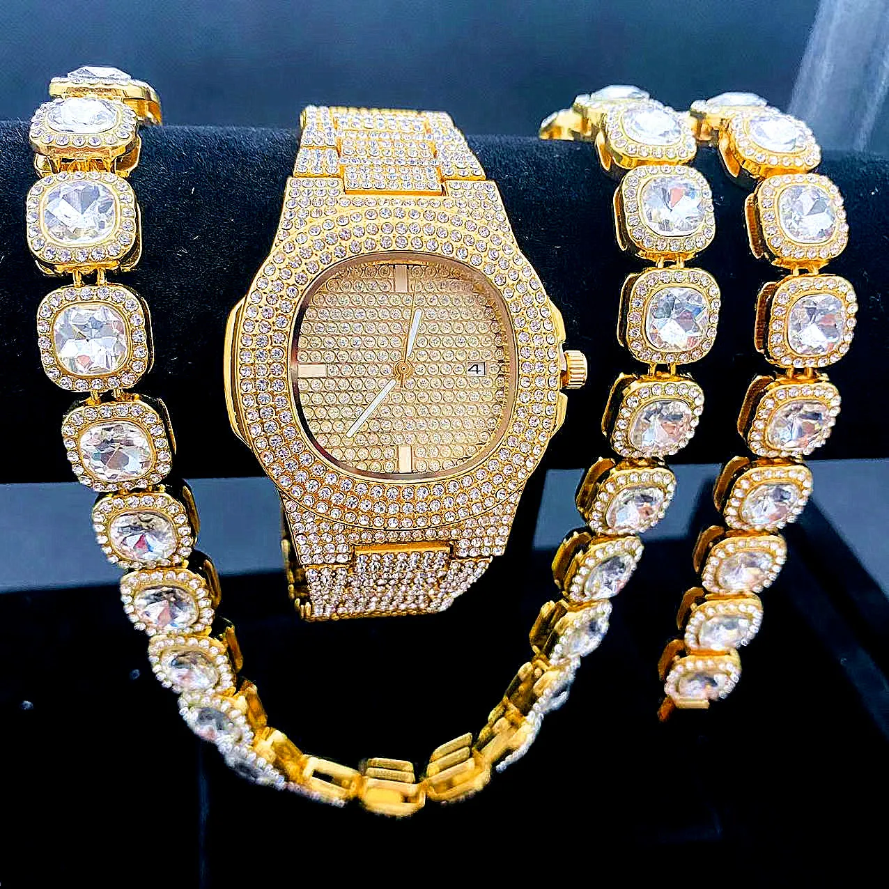 3 pçs iced out relógio + pulseira + colares para homens mulher casal relógio de ouro link correntes bling jóias conjunto para relógios masculinos reloj