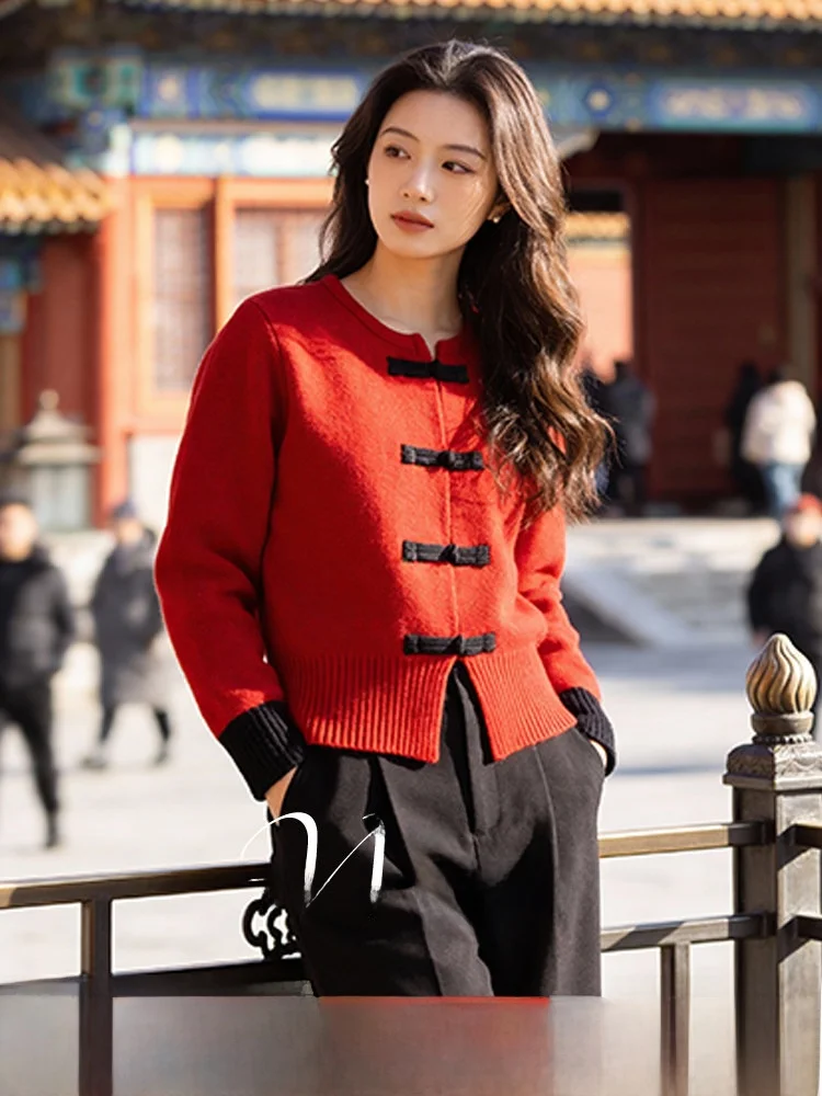 

plus Size Knitted Sweater round Neck Button up Color Block Cardigan Coat for Women Hide Meat Slimming Spring New Arrival