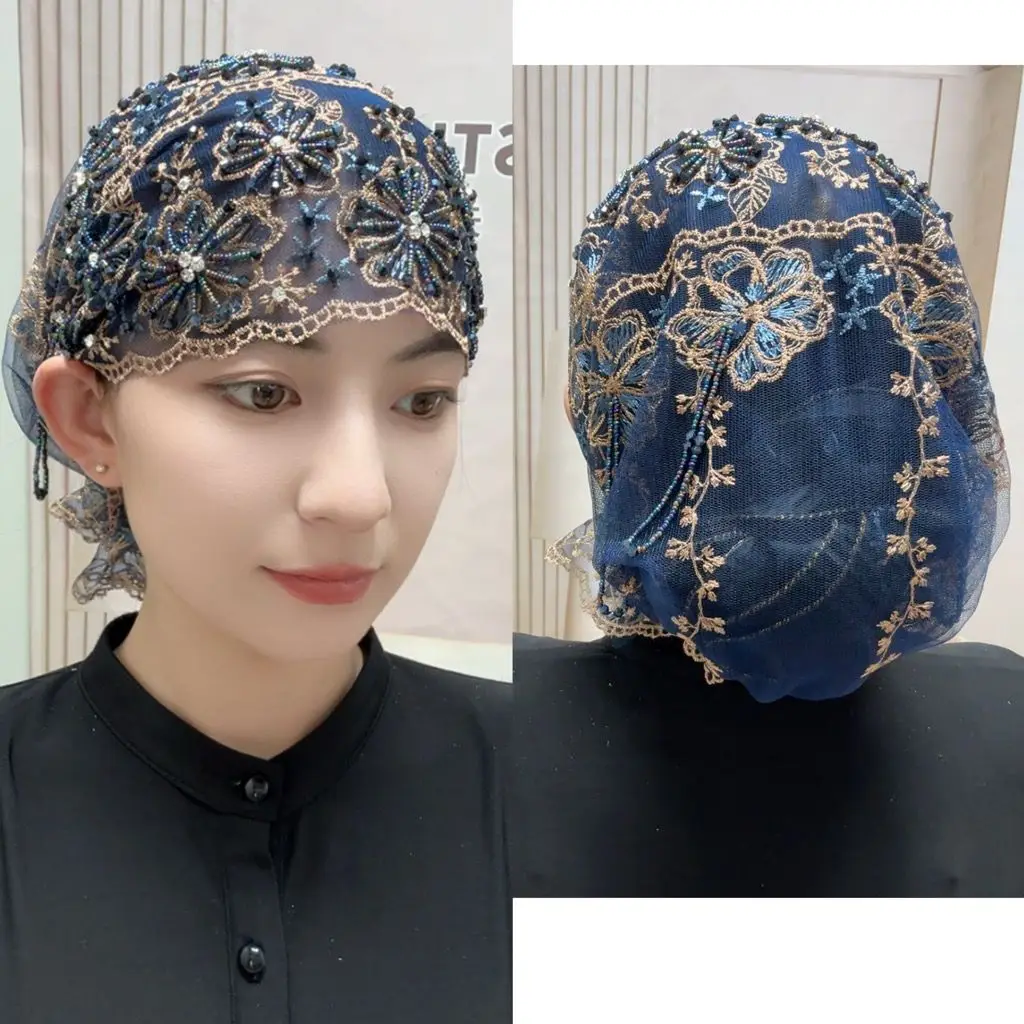 Luxury Women's Black Hijabs Mesh Fabric Bead Hat with Diamond Double Layer Embroidered All-match Shawl Hats Gorgeous Party