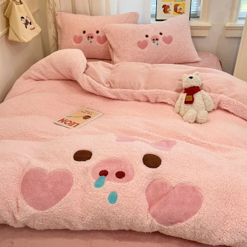 Winter Warm Lamb Fleece Quilt Cover Four Piece Set Cartoon Double-sided Thicken Plush Bedding Comfortable Duvet Cover Bed Sheet