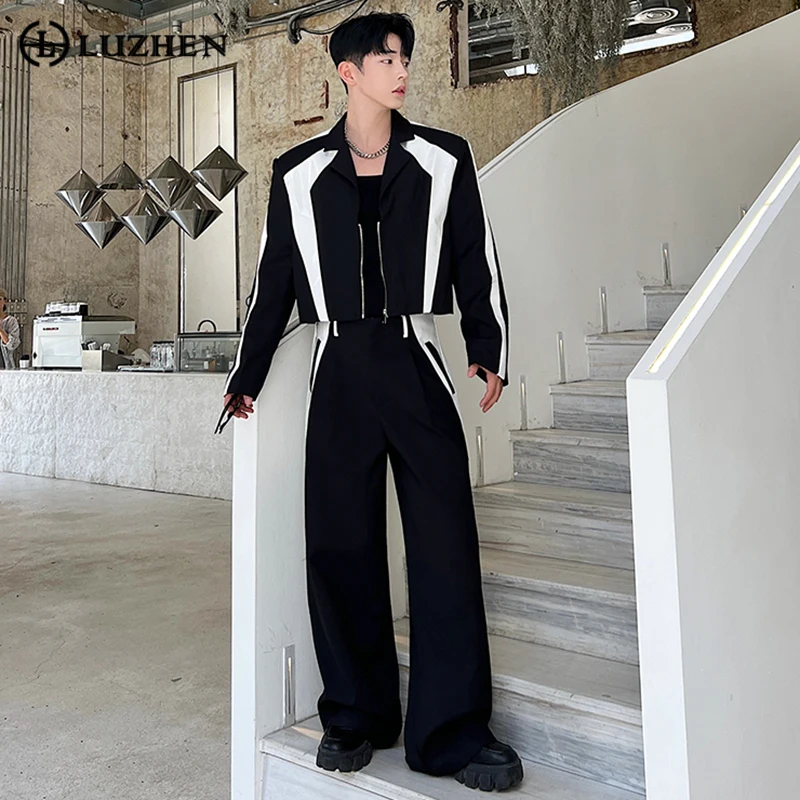 LUZHEN Korean New Luxury Sets Niche Male Blazers Pu Leather Spliced Suit Coat Wide Leg Suit Pants Two Piece Men\'s Wear E92e01