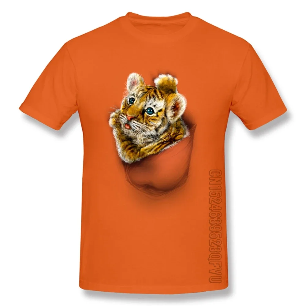 Red Pocket Tiger Camisa T-Shirt for Men Cotton Fabric Slim Fit Fitness Tops T Shirt Crazy Tops Tees Short Sleeve Orange T Shirts