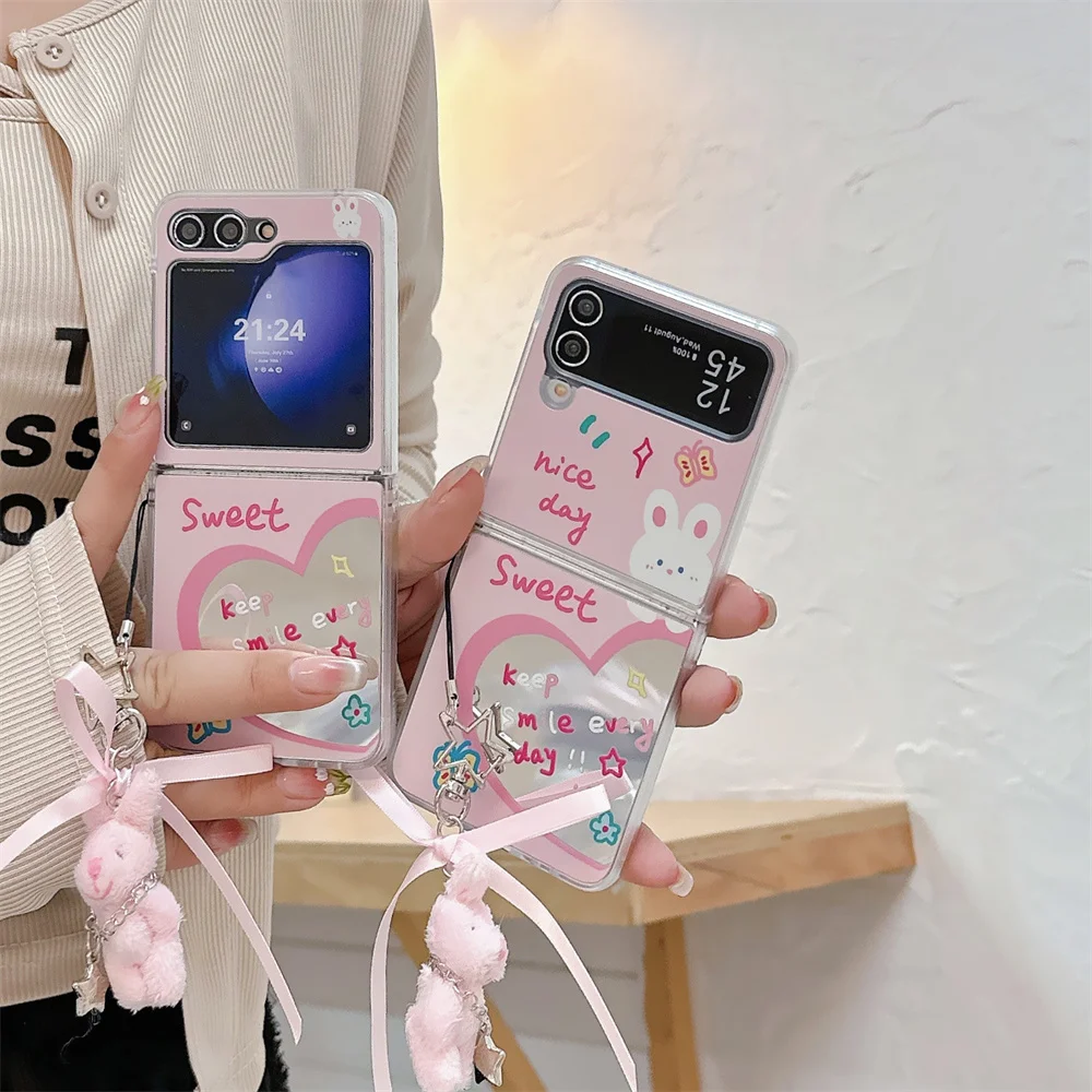 Fashionable Mirror Cartoon Bear Phone Case for Samsung Galaxy Z Flip 3 4 5 6 Flip6 Zflip5 ZFlip4 ins Bracelet Slim Plating Cover