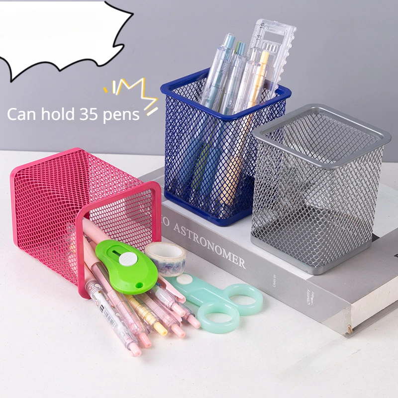 Kawaii Metal Mesh Hollow Out Pen Holder Organizer Storage Box Large Capacity Desktop Pen Holder Clips School Office Stationery