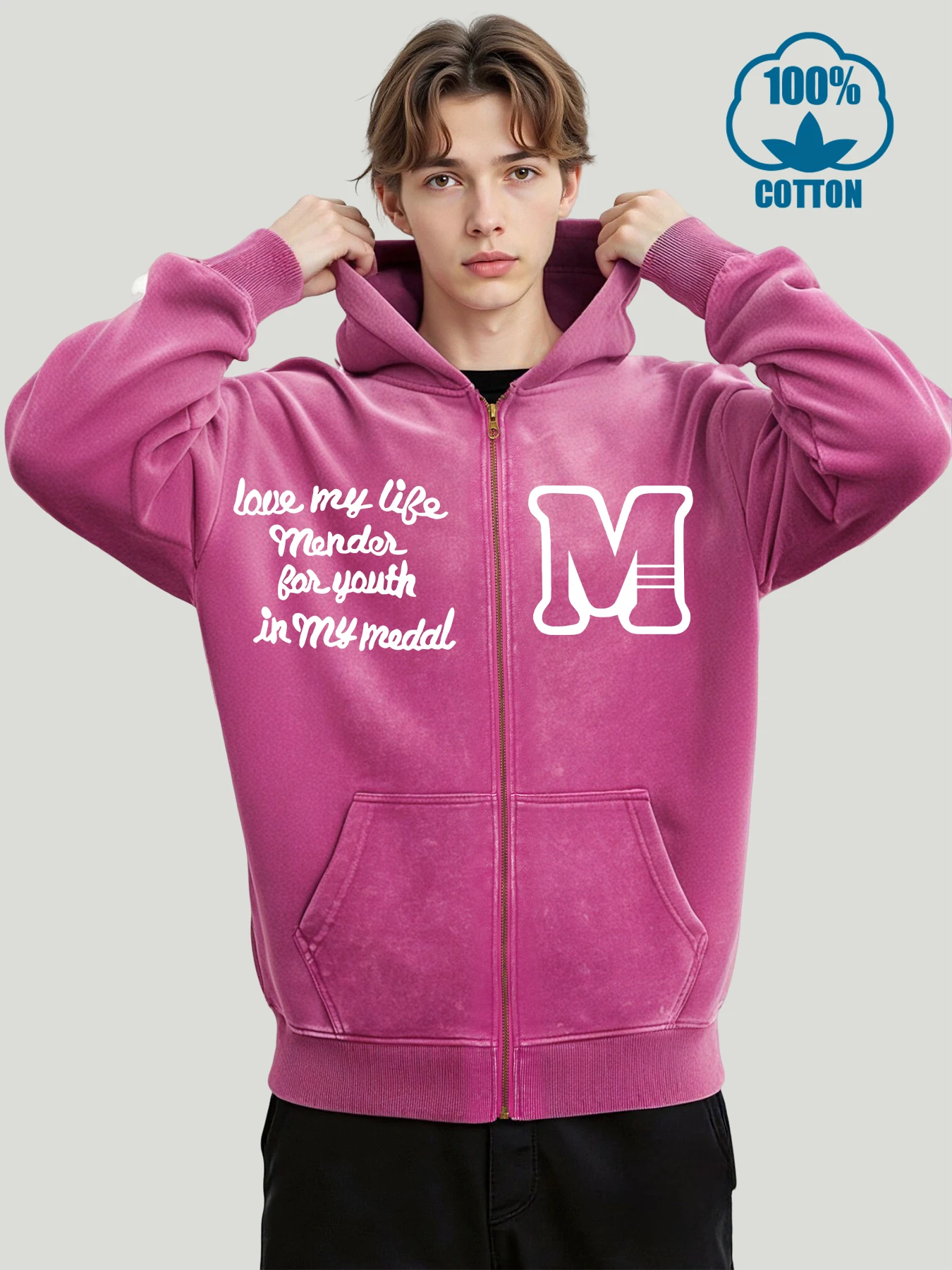 

Мужская потертая куртка на молнии с принтом Love My Life And M, свободные толстовки в стиле Харадзюку, модная хлопковая уличная одежда, винтажный осенний топ унисекс