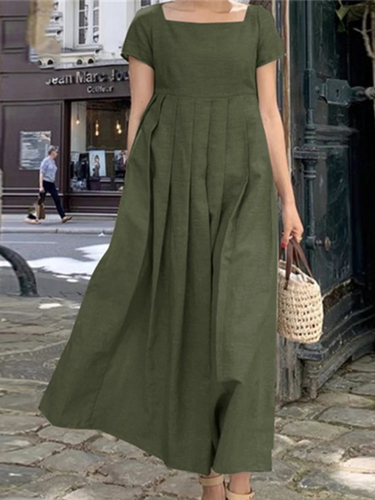 Women Oversize Cotton Dress Summer Casual Short Sleeve Square Neck Dress Elegant Vintage Solid Color Pleated Long Dress Vestidos