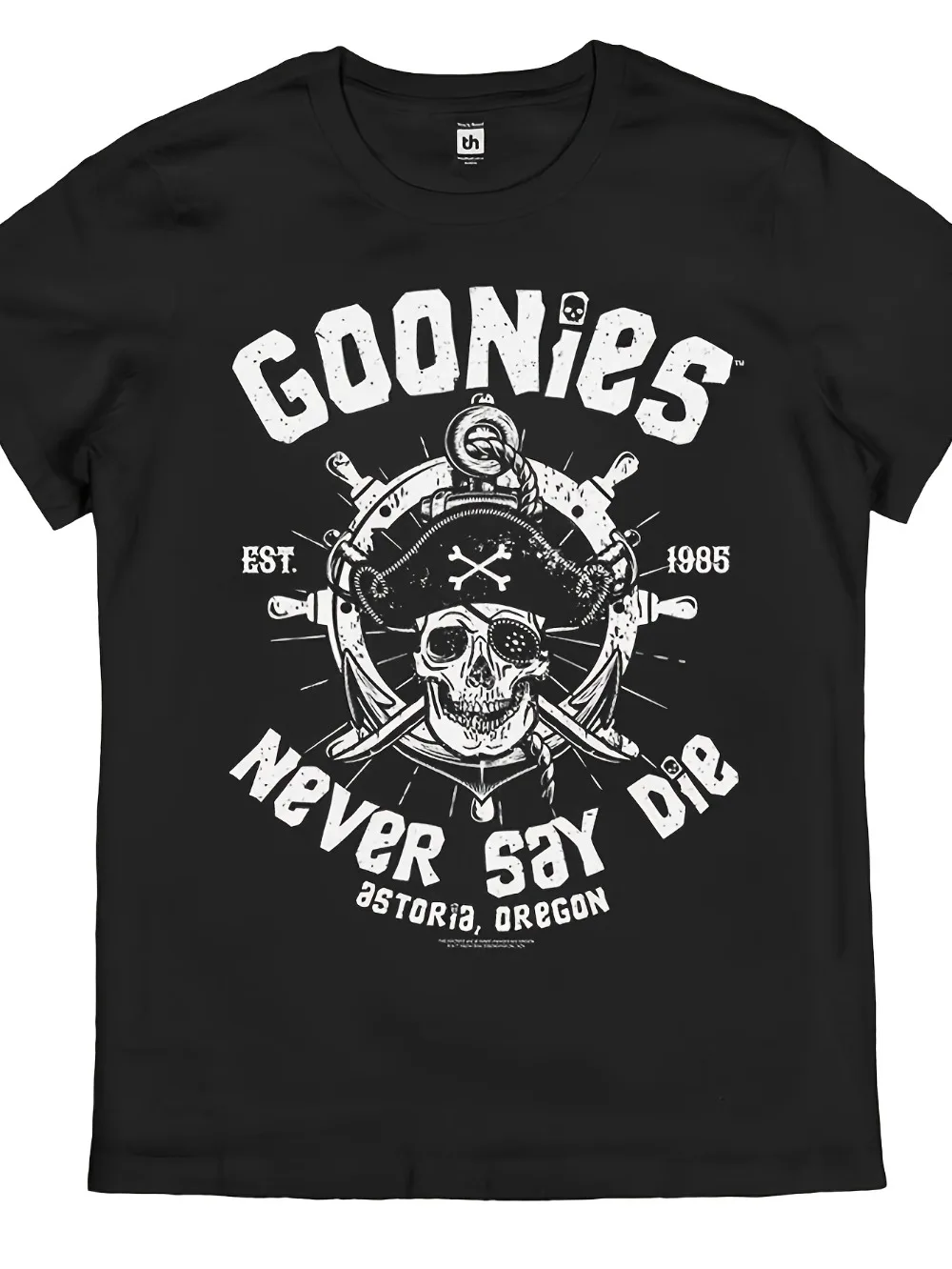 Camiseta Retro Goonies Never Say Die para hombre, inspirada en oficial, logotipo de la película de los años 80, diseño icónico de calavera y huesos cruzados, diseño pirata