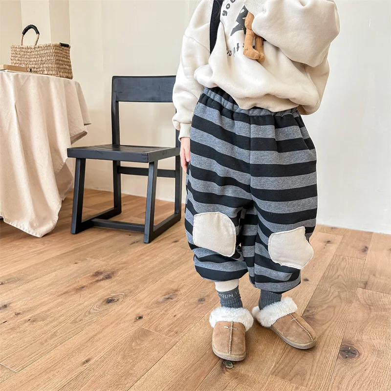 

Kid Pant 2024 Children Winter Children Korean Style Plus Fleece Casual Pants Baby Girls Winter Boys Fashion Striped Pants