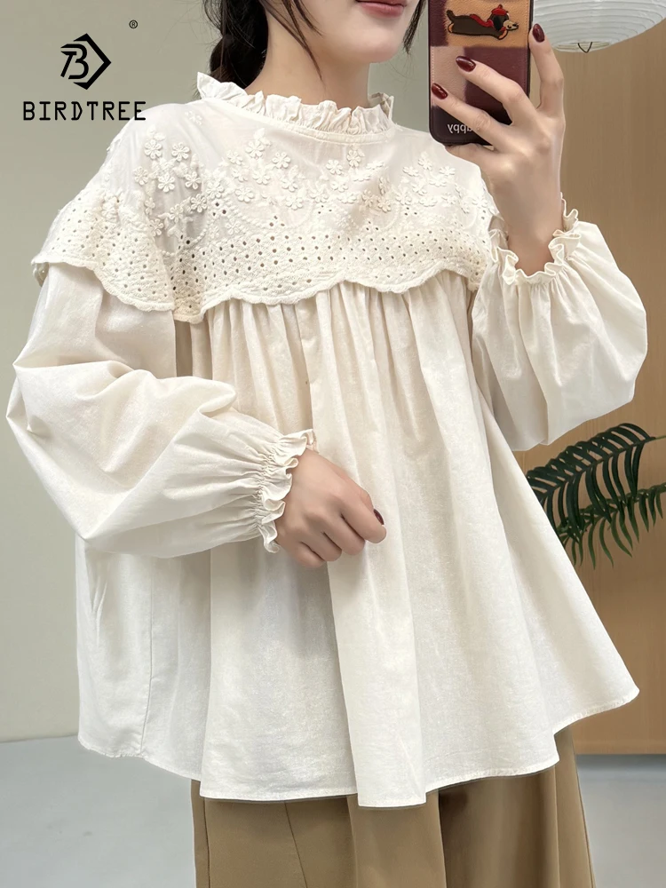 

Новая женская хлопковая блузка с рукавами-фонариками, весна 2026, с оборками и цветочной вышивкой, в стиле Mori Girl, свободного кроя, модель T61076CC