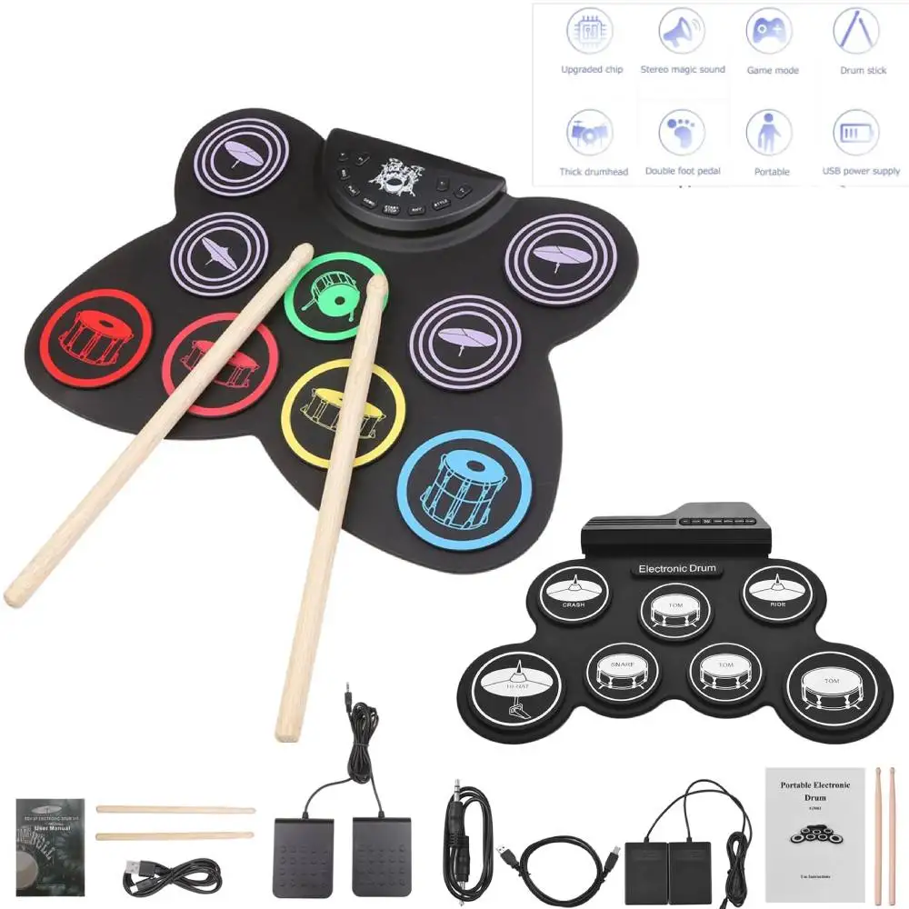 

Новый складной силиконовый ручной рулон USB электронный барабан портативный тренировочный комплект барабанных подушечек с 9 подушечками и барабанными палочками педаль сустейна