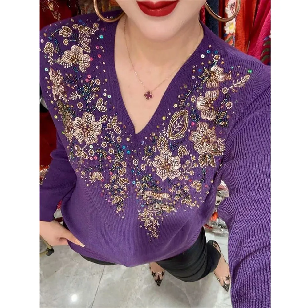 High Quality Women\'s Sweaters Spring Autumn New V-neck Long-sleeved Cardigans Middle Aged Mother Diamond Knitwear W2145