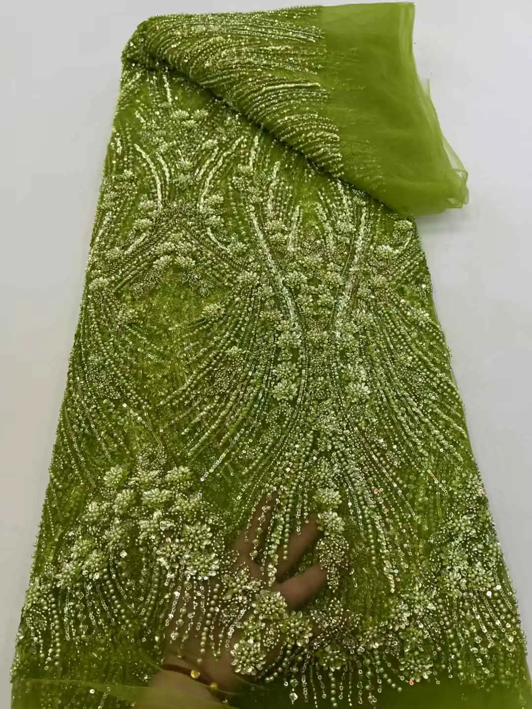 African Beaded Lace Tulle Fabric Heavy Handmade Swiss Sequin Fabric Nigerian Wedding Prom Dress Sew High Quality -XC