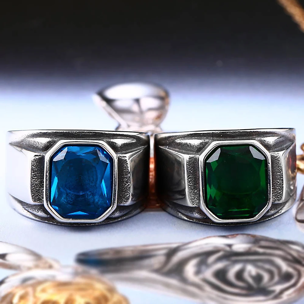 

Fashion Vintage Engagement Imitation Square Fingel Rings With Green/Blue Color Stone For Men Women Stainless Steel Jewelry Gifts