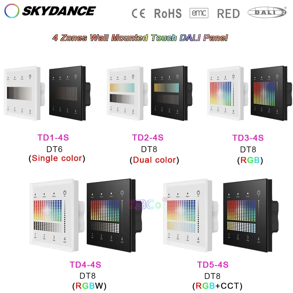 Сенсорная панель Skydance, 4 зоны, 24 В, DT6, затемнение, DT8, двухцветный/RGB/RGBW/RGB + CCT, Светодиодная лента, диммер, переключатель DALI master, контроллер шины