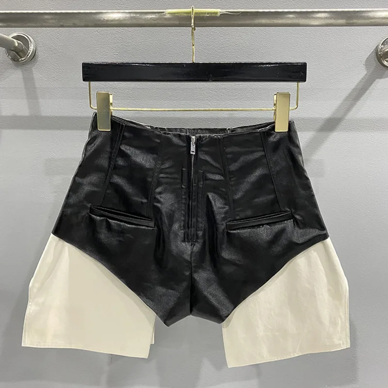 HKSH Women Chic Shorts Denim Coated Color Block Pockets High Waisted Zipper Streetwear Punk Dark Tide Short Pants Summer HK20358