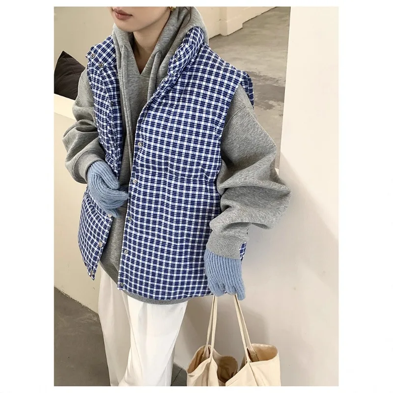 2025 Autumn and Winter Leisure Warm Plaid Stand-up Collar Cotton-padded Vest
