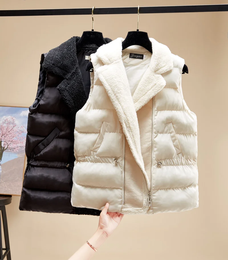 New Lamb Wool Patchwork Women\'s Jacket Vest Turn down Collar Zipper Coat Vests Women Casual Slim Solid Color Outwear Clothes