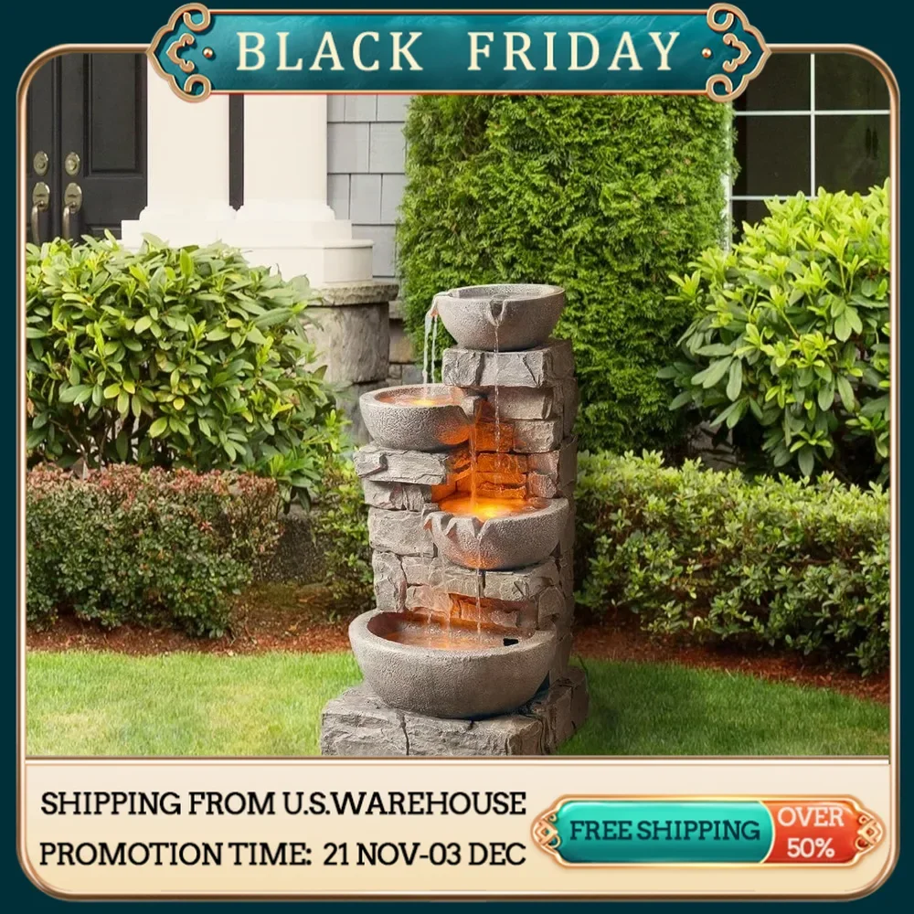 LED outdoor fountain, used for gardens, landscaping, terraces, and lawns, creating a peaceful oasis in outdoor living spaces