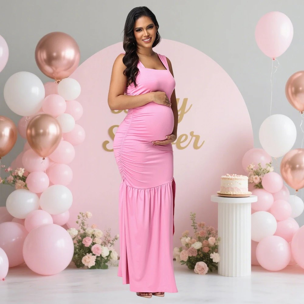 الأمومة مثير واسعة حزام بلا أكمام فساتين طويلة Bodycon Ruched Paneled سبليت ثوب لالتقاط الصور استحمام الطفل