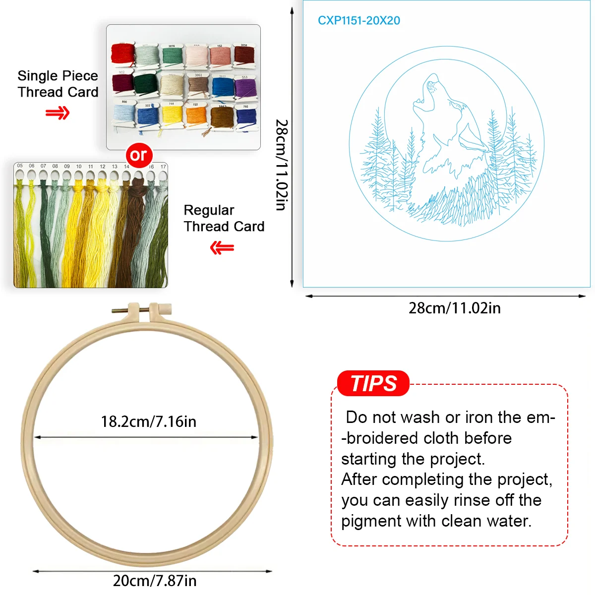 1 Stück 20X20CM/15X15CM 7,87/6,3 Zoll Der Wolf Taschen-Stickerei-Starter-Kit DIY-Kit DIY-Stickerei-Set Handarbeits-Set für Anfänger – Detail 6