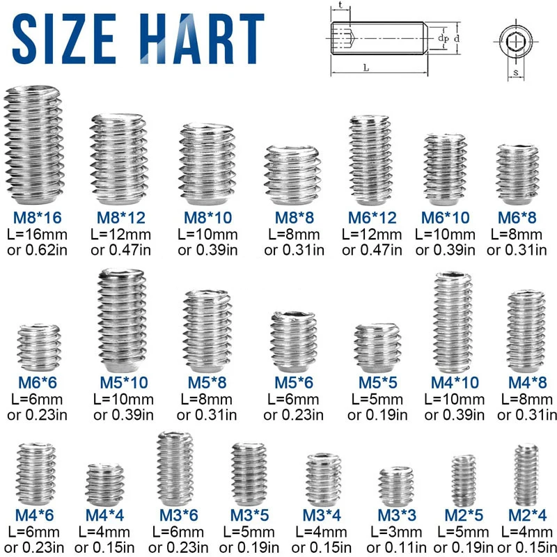 540pcs Stainless Steel 304 Set Screw M2 M3 M4 M5 M6 M8 Hexagon Socket Grub Screw Kit DIN913 Headless Screw Assortment Kit