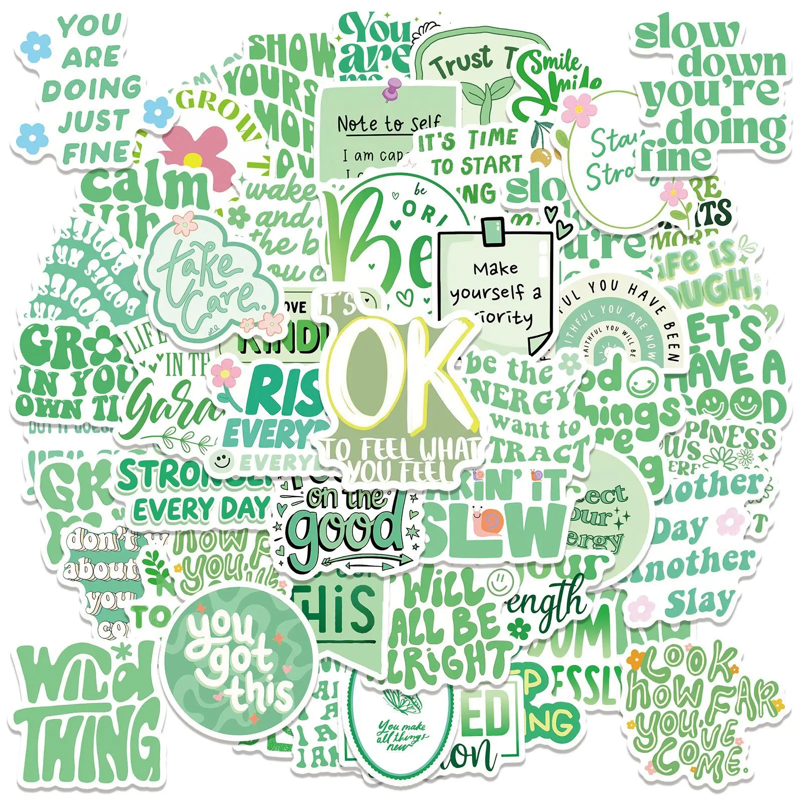 50PCS Green Inspirational Text Waterproof Stickers English Slogan Graffiti Decoration DIY Notebook Suitcase Water Cup Guitar Toy