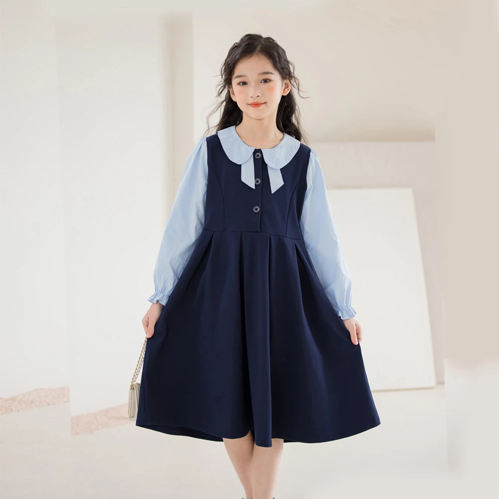 

Spring Autumn Fake Two Piece Preppy Style Dress 4-14Y Teenage Girls Dress Patchwork Shirt Dress Casual Pleat Knee Length Vestido