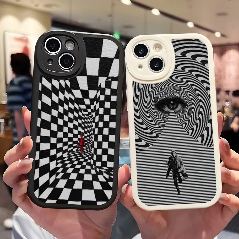 Checkerboard Chess illusion Phone Case For Iphone 15 12 Pro Max 11 14 13 Mini X Xr Xs 7 6 8 Puls Se Lambskin Silicone Cover