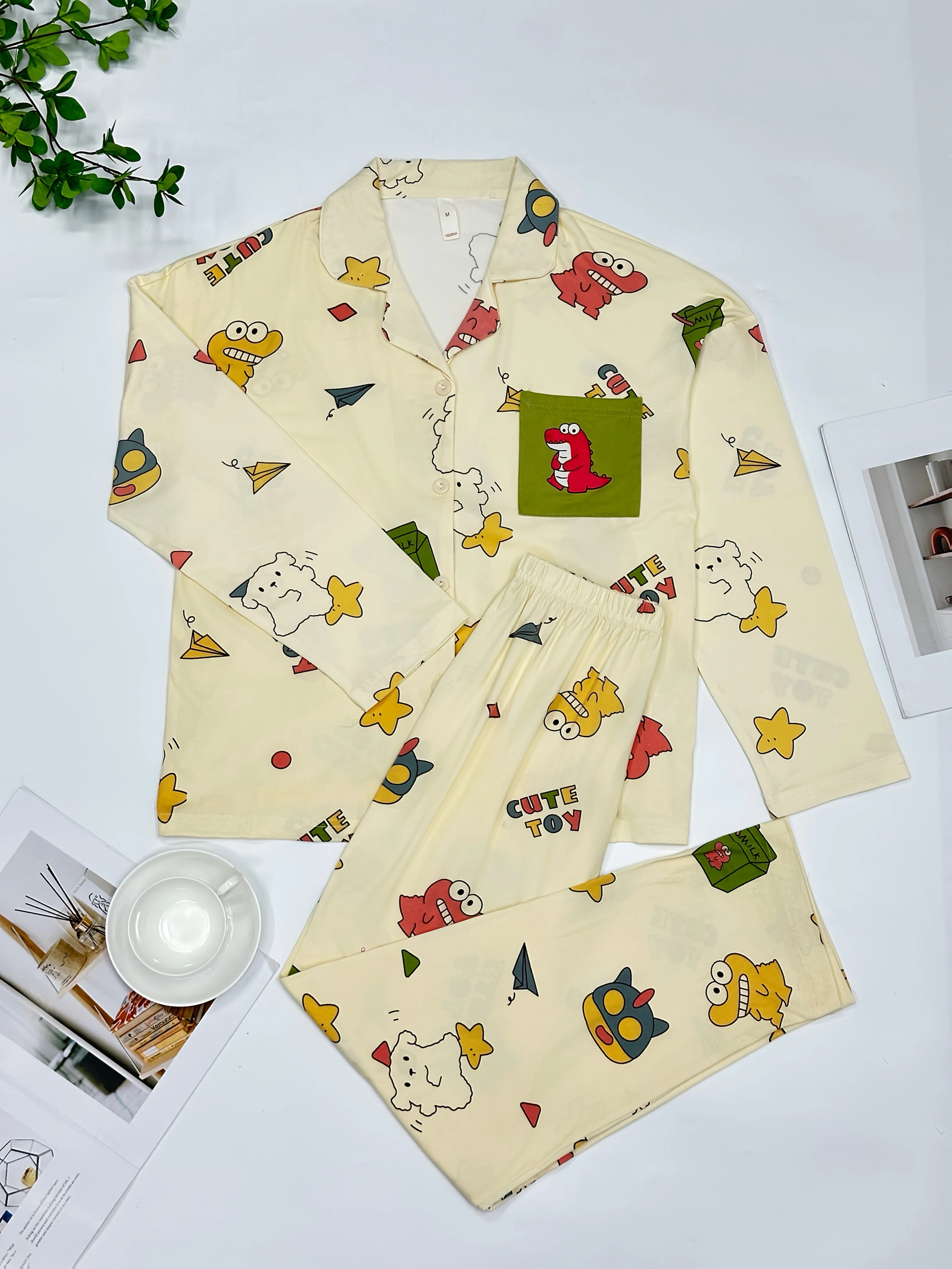 

Женский пижамный комплект из 2 предметов — милый кардиган с мультяшным принтом, длинные брюки с длинными рукавами, простая повседневная милая одежда для дома