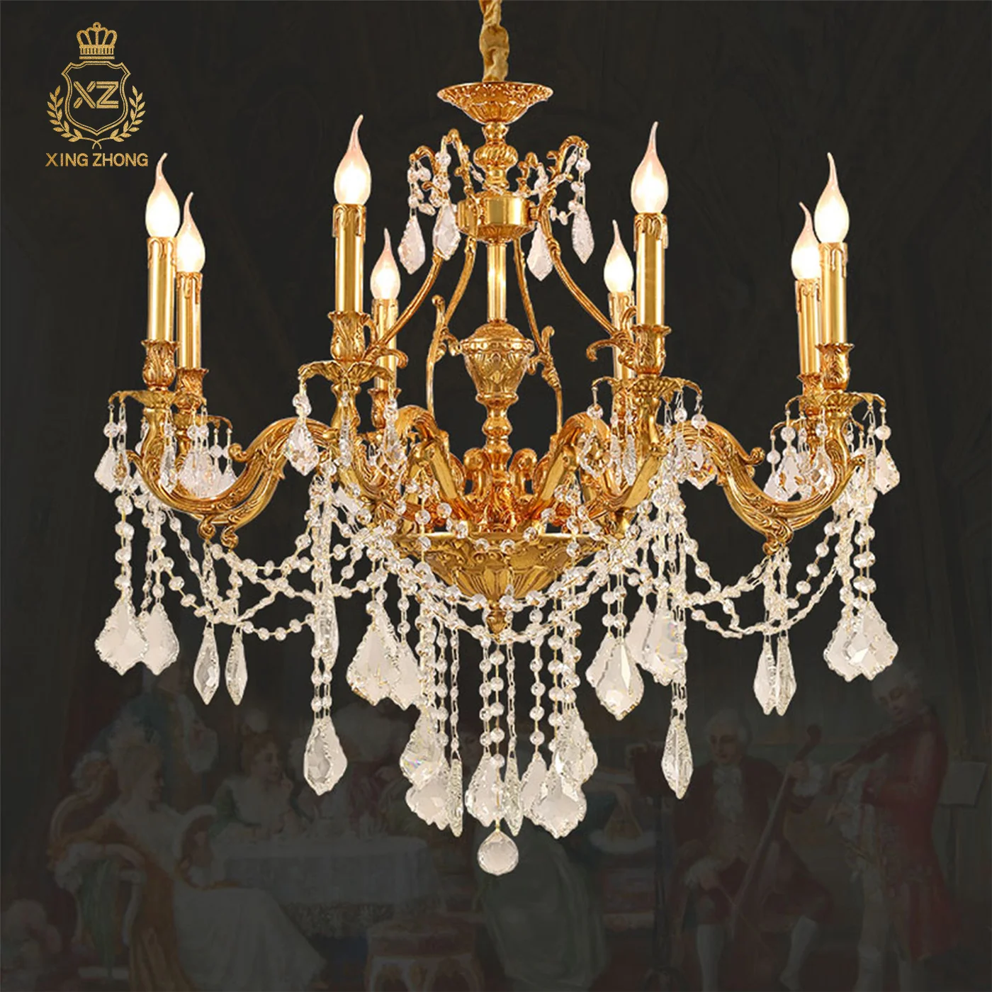 French Rococo Villa Apartment Crystal Chandelier European Living Room Dining Room Classic Brass Pendant Lamp