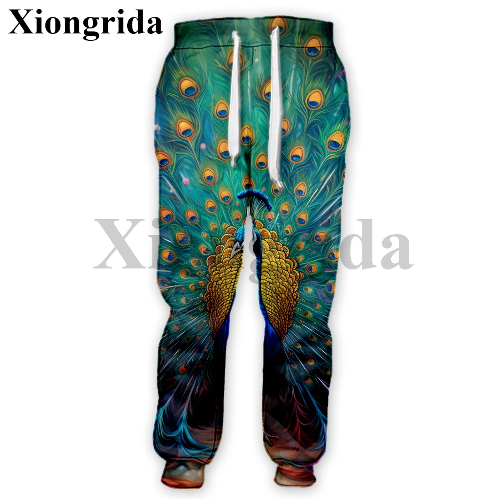 Mens Peacock Feather Printed Sweatpants Colorful 3D Animal Feather Print Pants Fashion Trousers Streetwear Male Clothes